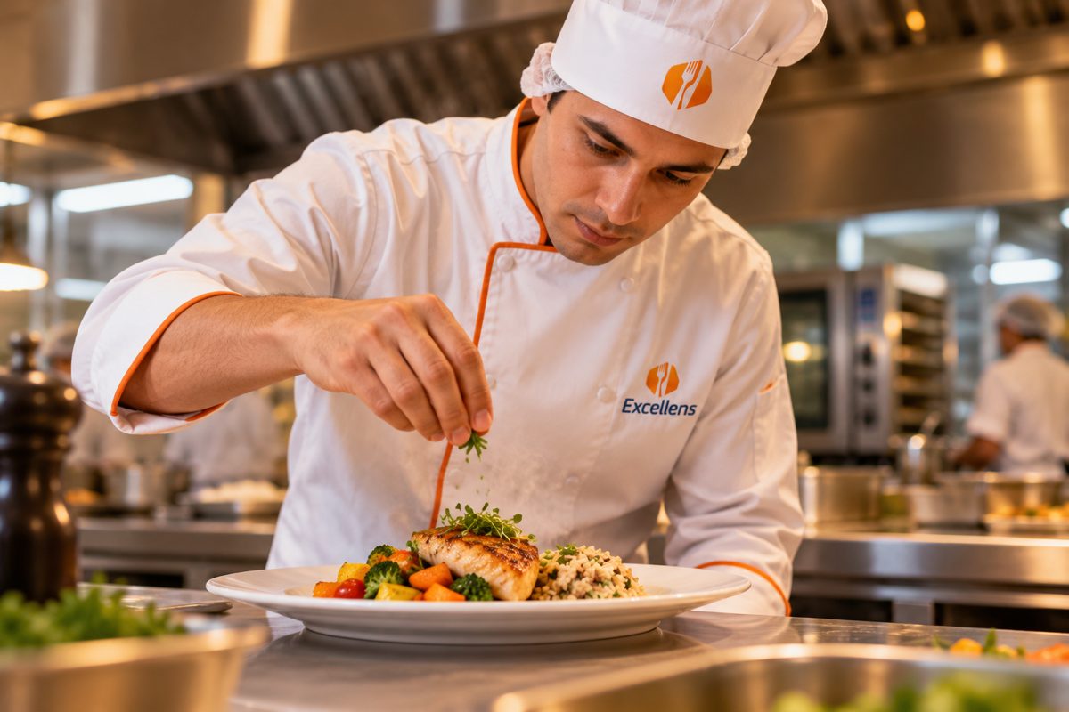 Chef da Excellens finalizando um prato